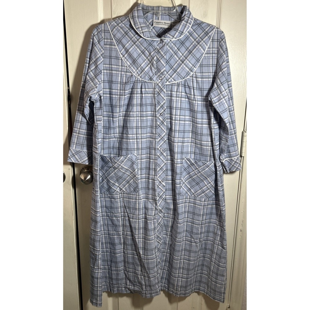 Country Store Blue Plaid House Coat Robe Sz L Snap Close